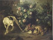 Francois Desportes Dog Guarding Game Near a Rosebush (mk05) oil painting